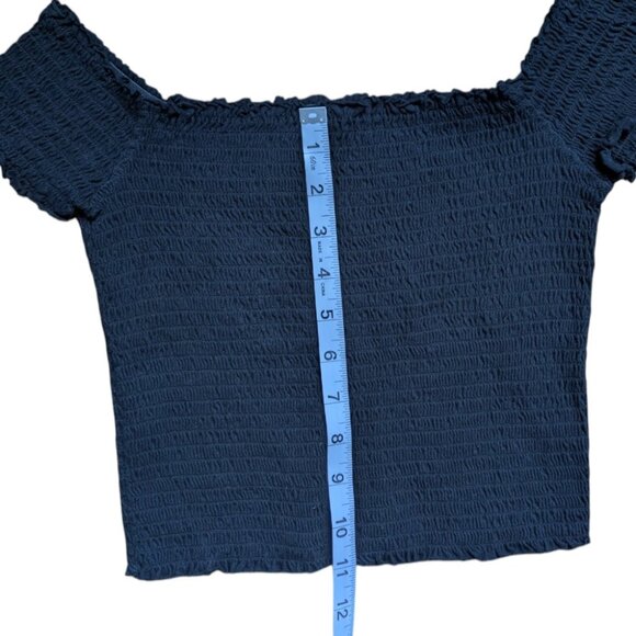 Garage Black Ruffle Hem Ribbed Stretchy Off the Shoulder Crop Top Women Medium - Picture 8 of 10